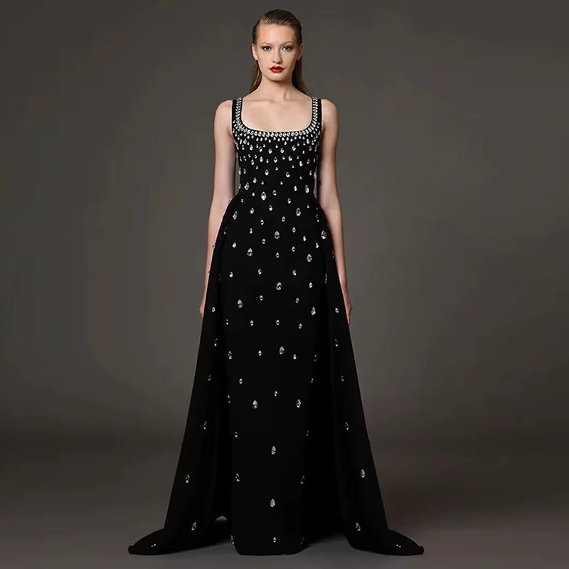 2026 Fashion Best-Selling Drop-Diamond Black Long Dress Sleeveless V-Neck Elegant Evening Dress