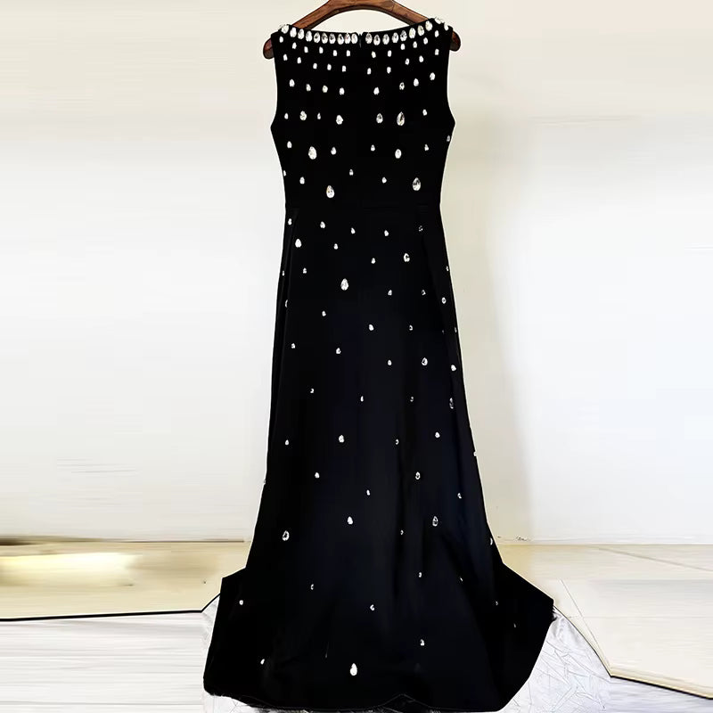 2026 Fashion Best-Selling Drop-Diamond Black Long Dress Sleeveless V-Neck Elegant Evening Dress