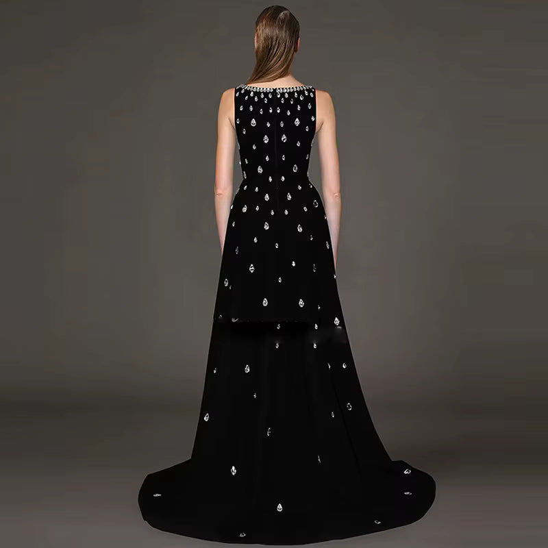 2026 Fashion Best-Selling Drop-Diamond Black Long Dress Sleeveless V-Neck Elegant Evening Dress