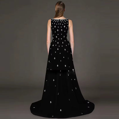 2026 Fashion Best-Selling Drop-Diamond Black Long Dress Sleeveless V-Neck Elegant Evening Dress