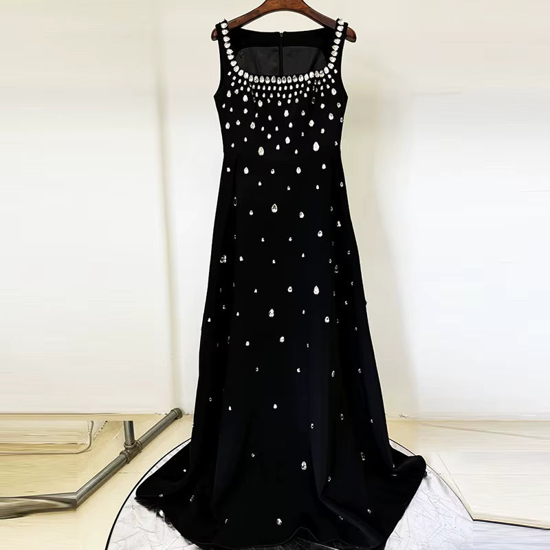 2026 Fashion Best-Selling Drop-Diamond Black Long Dress Sleeveless V-Neck Elegant Evening Dress