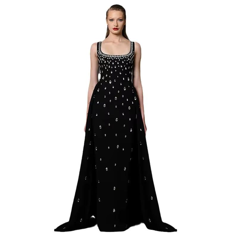 2026 Fashion Best-Selling Drop-Diamond Black Long Dress Sleeveless V-Neck Elegant Evening Dress