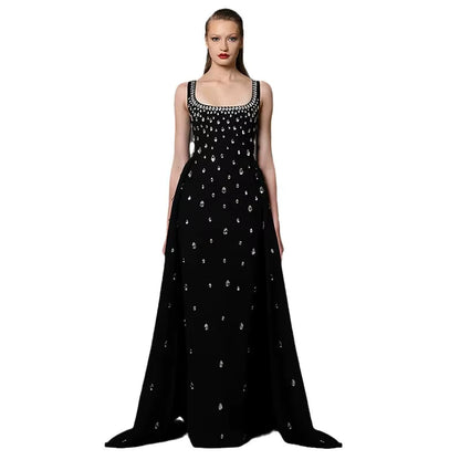 2026 Fashion Best-Selling Drop-Diamond Black Long Dress Sleeveless V-Neck Elegant Evening Dress