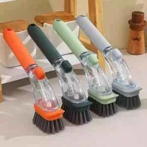 Long Handle Pot Scrubber Brush – 26cm Detergent Dispenser Cleaning Brush (Splash-Proof Design) – Non-Scratch for Cast Iron/Non-Stick Pans
