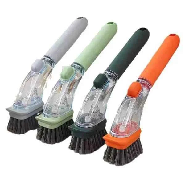 Long Handle Pot Scrubber Brush – 26cm Detergent Dispenser Cleaning Brush (Splash-Proof Design) – Non-Scratch for Cast Iron/Non-Stick Pans